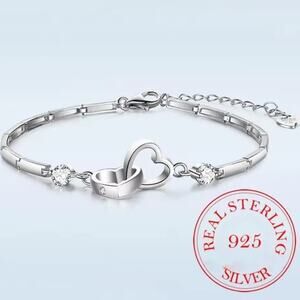 925 Sterling Silver & CZ Double Heart Link Bracelet Women's Anniversary Birthday